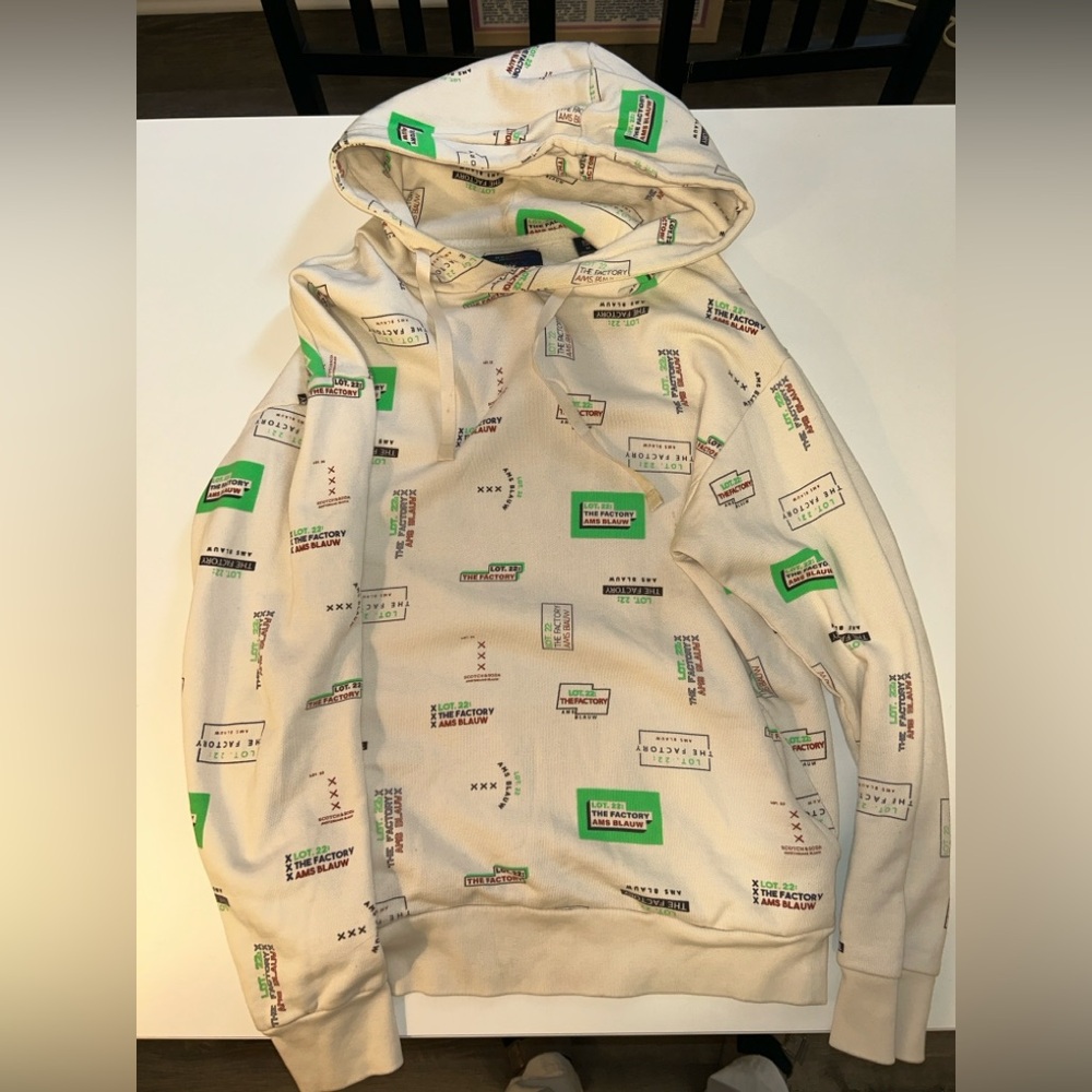 Scotch & Soda Cream Hoodie with Green & Black Graphic Print
